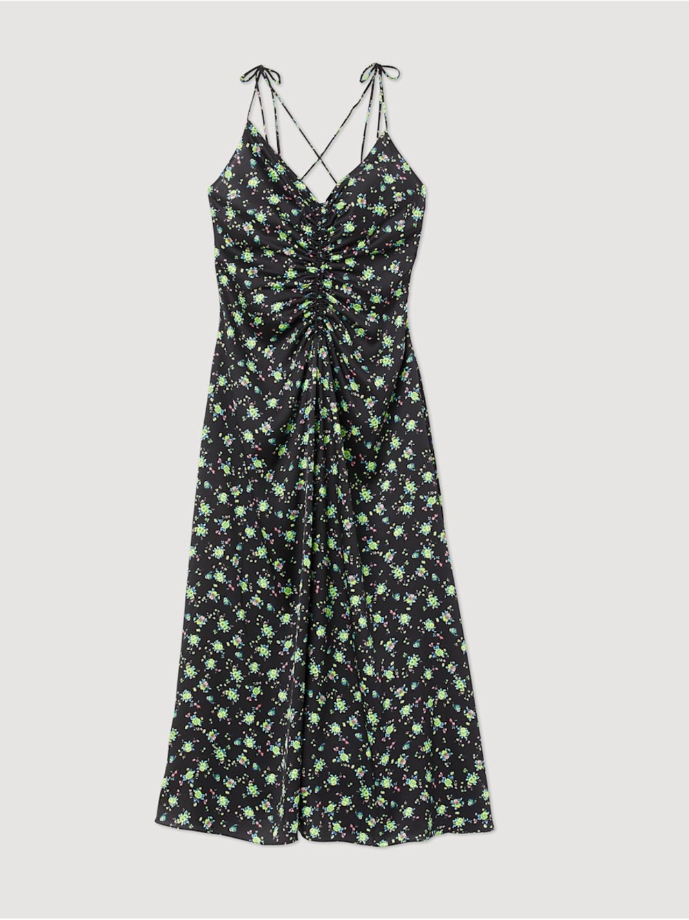 Sandro Black Floral Ruched Slip Dress with Spaghetti Straps